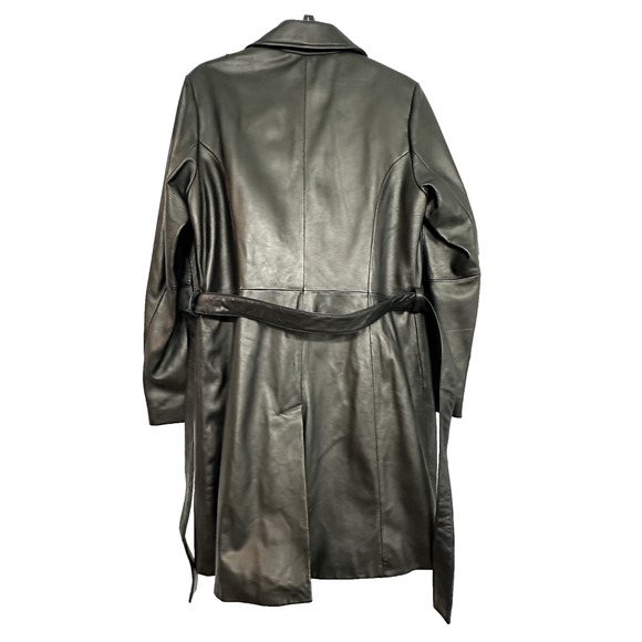 Wilsons Pelle Studio Women M Trench Coat Leather Lined Belted Button Black 90s - Picture 2 of 15